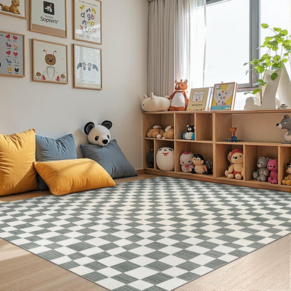 jinchan 5x7 Checkered Area Rugs for Kids Room - Machine Washable Soft Rug Modern Geometric Lattice Non-Slip Carpet for Nursery Playroom Classroom Living Room Bedroom Dining Room Home Office Grey