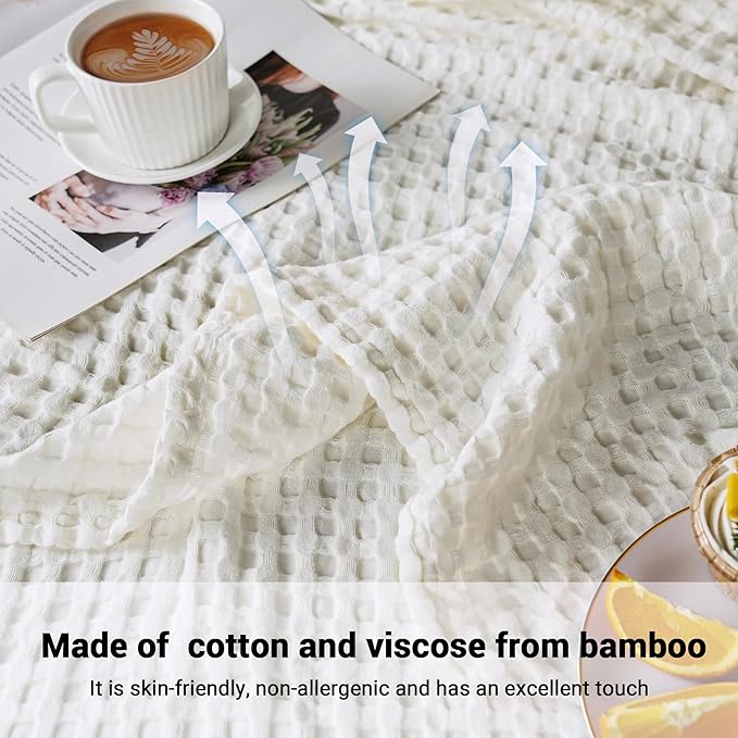 Aganear Waffle Blanket - Lightweight Breathable Summer Blanket of 50% Cotton and 50% Rayon Derived from Bamboo for Hot Sleepers Luxury Throws for Bed, Couch and Sofa,White,50x70 Inches
