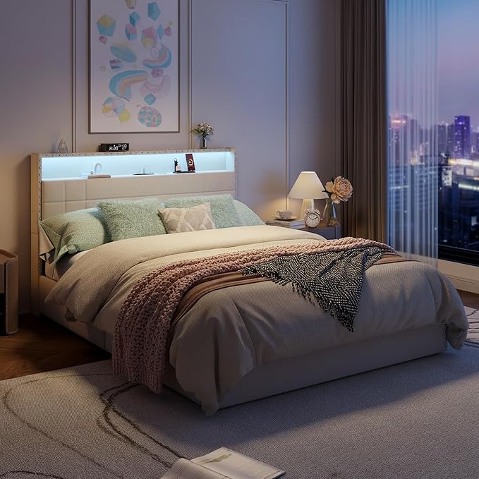 Forestell Queen Bed Frame with Headboard, Upholstered Platform Bed with 4 Storage Drawers, Built-in LED Lights & Charging Station, Metal Slats Support, No Box Spring Needed, Beige, Cama Queen Size