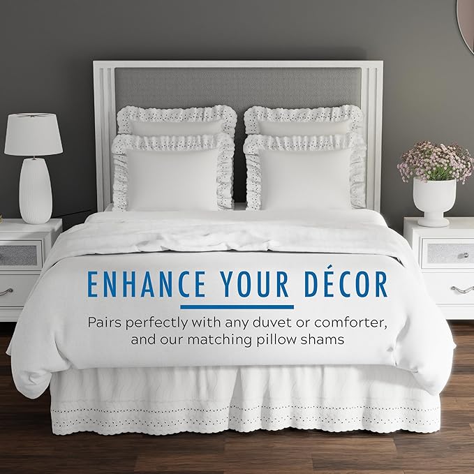 Fresh Ideas Eyelet Bed Skirt, Ruffled Design, 14 Inch Drop, Embroidered Scalloped Edge, King, White