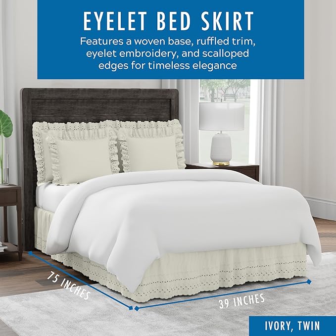 Fresh Ideas Eyelet Bed Skirt, Ruffled Design, 14 Inch Drop, Embroidered Scalloped Edge, Twin, Ivory