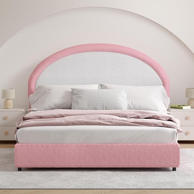 Full Size Bed Frame, Boucle Upholstered Platform Bed Frame with Headboard, White Bed Frame, Soft Rounded Corners, No Box Spring Required, Easy Assembly, Pink&White