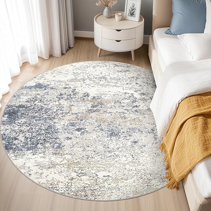 5ft Round Area Rug Living Room Rugs - 5x5 Washable Large Soft Indoor Neutral Modern Abstract Low Pile Rug Carpet for Bedroom Dining Room Farmhouse Home Office - Beige Blue