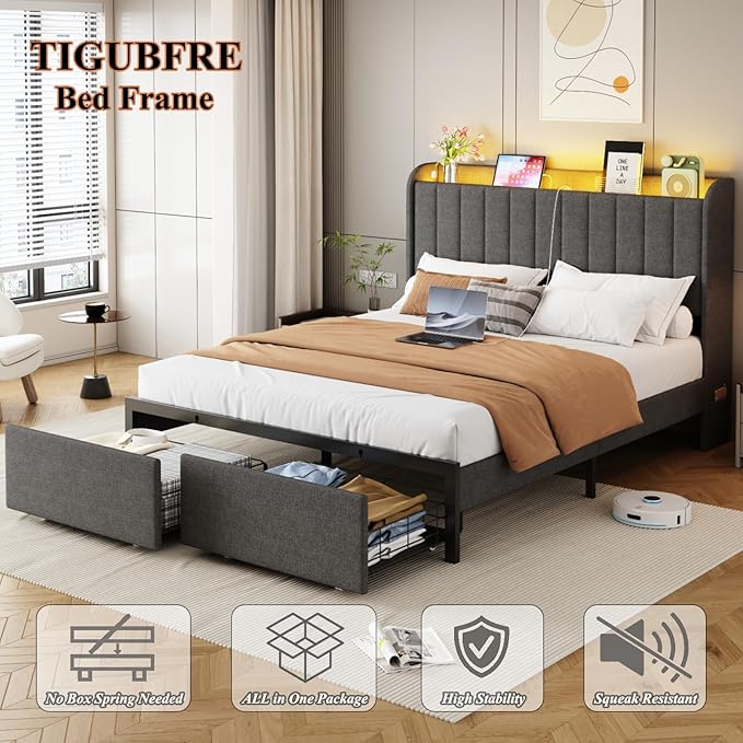 Queen Size Bed Frames with Storage Headboard and 2 Drawers, Upholstered Platform Bed Frame Queen with Led Lights and Handy Charging Station, No Box Spring Needed, Easy Assembly, Noise Free, Gray