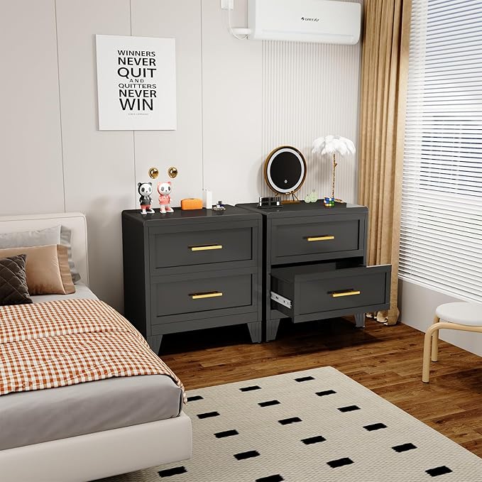 Metal Dresser for Bedroom, Small Dresser with Drawers, 2 Dressers & Chests of Drawers with Curved Corner, Storage Cabinet for Nightstand, Living Room, Hallway, Entryway (Black, 24" W)