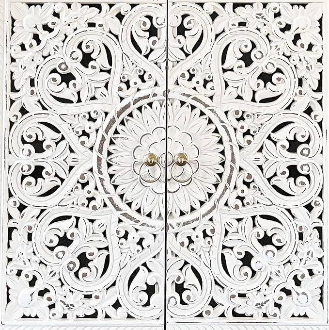 PHI VILLA White Accent Cabinet with Doors, Hollow Carved Small Buffet Sideboard, 2 Door Storage Cabinets