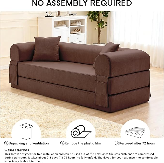78.5" Convertible Sleeper Sofa Bed, Faux Leather Deep Seat Folding Floor Sofa with Pullout Bed & 2 Pillows, No Assembly Modern Boneless Couch Compression Sofa in Box for Living Room, Office, Brown