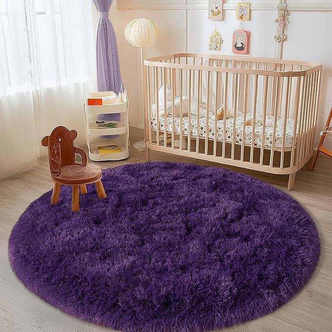 Round Purple Rug for Bedroom, 4 ft Circle Area Rugs for Living Room, Soft Fluffy Shag Carpet for Teen Girls Boys Nursery Room Dorm Home Decor Aesthetic