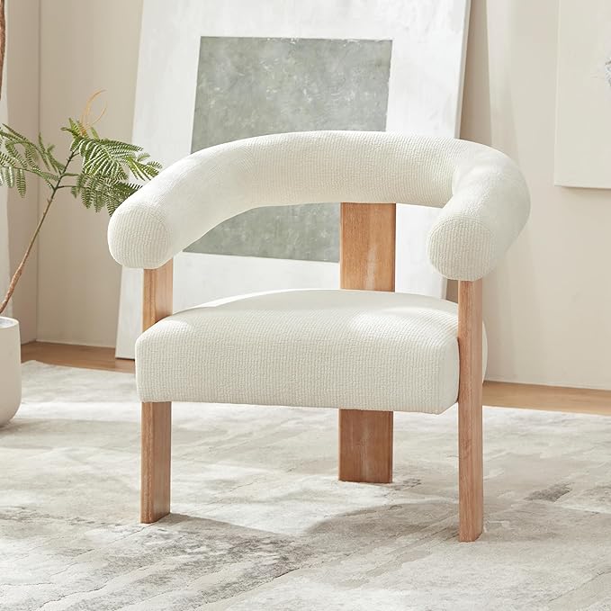 VKNOW Accent Chair Living Room Chair, Modern Upholstered Arm Chair with Solid Wood Legs, Comfy Barrel Accent Chair for Living Room, Bedroom, Cream