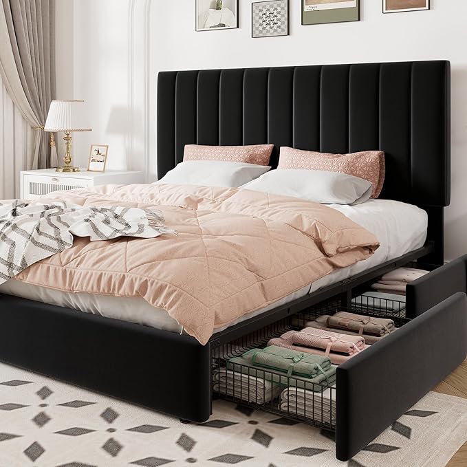 Allewie Full Size Storage Bed Frame, Vertical Channel Tufted Adjustable Headboard, Velvet Upholstered Platform Bed with 4 Oversized Underbed Drawers, Wooden Slats Support, No Box Spring Needed, Black