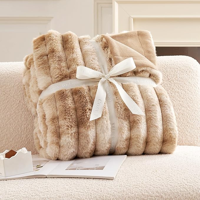Cozy Bliss Faux Fur Throw Blanket for Couch, Cozy Warm Plush Striped Blanket for Sofa Bedroom Living Room, 60 * 80 Inches Tie-dye Khaki