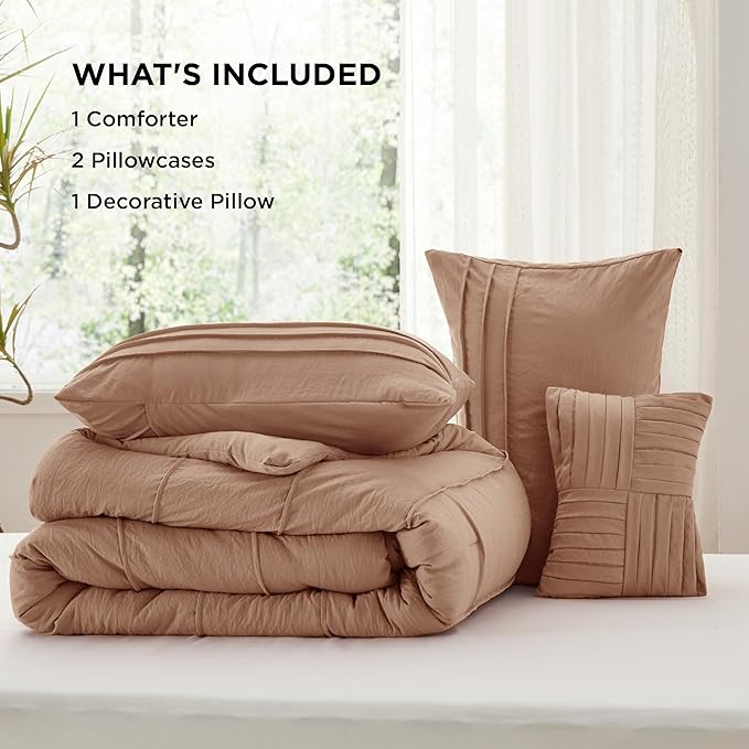 Bedsure California King Comforter Set - 4 Pieces Pinch Pleat Bed Set, Taupe Boho Bedding for All Season, 1 Soft Comforter, 2 Pillowcases, 1 Decorative Pillow
