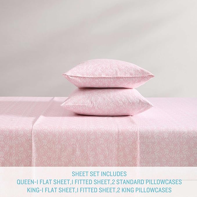 Tommy Bahama - Queen Sheets, Organic Cotton Coastal Bedding Set, Softens with Each Wash, 200 Thread Count (Lovely Palms Pink, Queen)