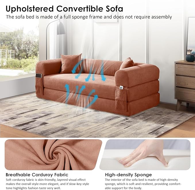 80" Convertible Sofa Bed, 3-in-1 Corduroy Folding Pull Out Couch with Pillows, No Assembly Modern Boneless Couch Compression Sofa in Box, Floor Sofa with Side Storage Pocket for Living Room,Pink