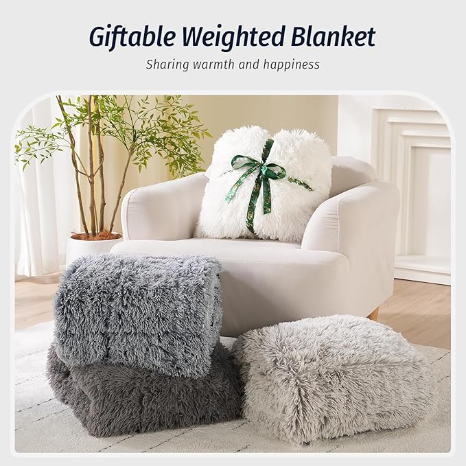 Wemore Shaggy Long Fur Faux Fur Weighted Blanket, Cozy and Fluffy Plush Sherpa Long Hair Blanket for Adult 15lbs, Fluffy Fuzzy Sherpa Reverse Heavy Blanket for Bed, Couch, Grey, 60 x 80 Inches