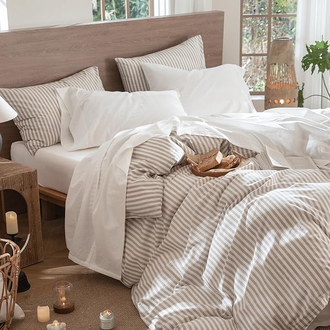 MooMee Bedding Sheet Set 100% Washed Cotton Linen Like Textured Breathable Durable Soft Comfy (Solid Off White, King)