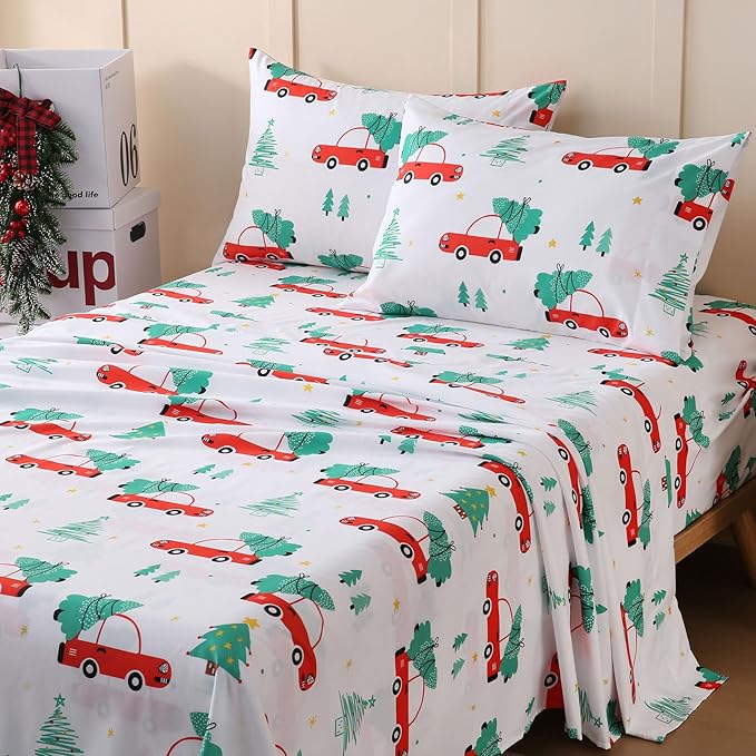 JSD Red Cars Christmas Kids Sheet Set Full Size, 4 Piece Soft Holiday Printed Microfiber Bed Sheets Deep Pocket