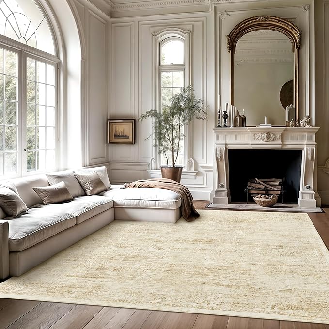 Washable Area Rug 10x14, Large Soft Rugs for Living Room Vintage Beige Rug 10x14 Area Rugs for Bedroom Dining Room Floral Non-Slip Thin Rug