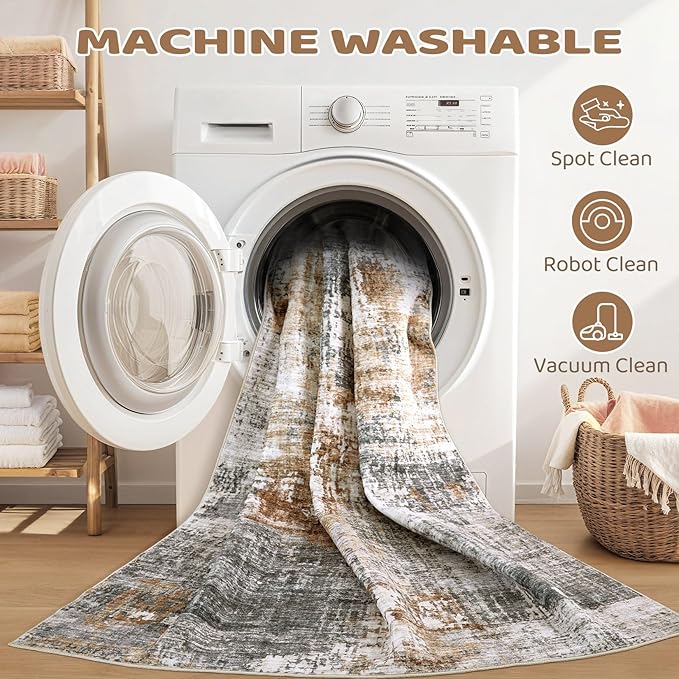 Washable Runner Rug for Hallway: 3x12 Neutral Modern Abstract Low Pile Area Rug with Non-Slip Backing - Carpet for Bedroom Kitchen Laundry Entryway Bathroom Indoor - Grey Brown