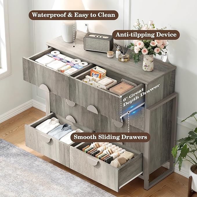 LGHM Fluted Dresser for Bedroom with 8 Drawers, Modern 8 Drawers Dressers with Semi-Cylindrical, Chest of Drawers Closet Organizers and Storage Clothes, 43" Tall Dresser with Bold Steel Frame, Gray