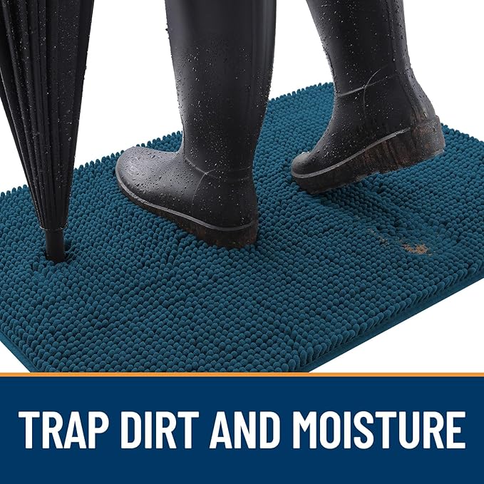 OLANLY Dog Door Mat for Muddy Paws 59x24, Absorbs Moisture and Dirt, Absorbent Non-Slip Washable Doormat, Quick Dry Chenille Mud Mat, Entry Indoor Entryway Carpet for Inside Floor, Atlantic Blue