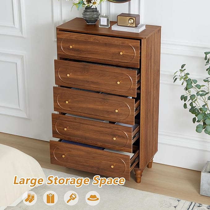 5 Drawer Fluted Dresser for Bedroom, Mid Century Modern Chest of Drawers, Wood Storage Large Dresser Organizer for Bedroom Living Room Hallway Closet, Walnut