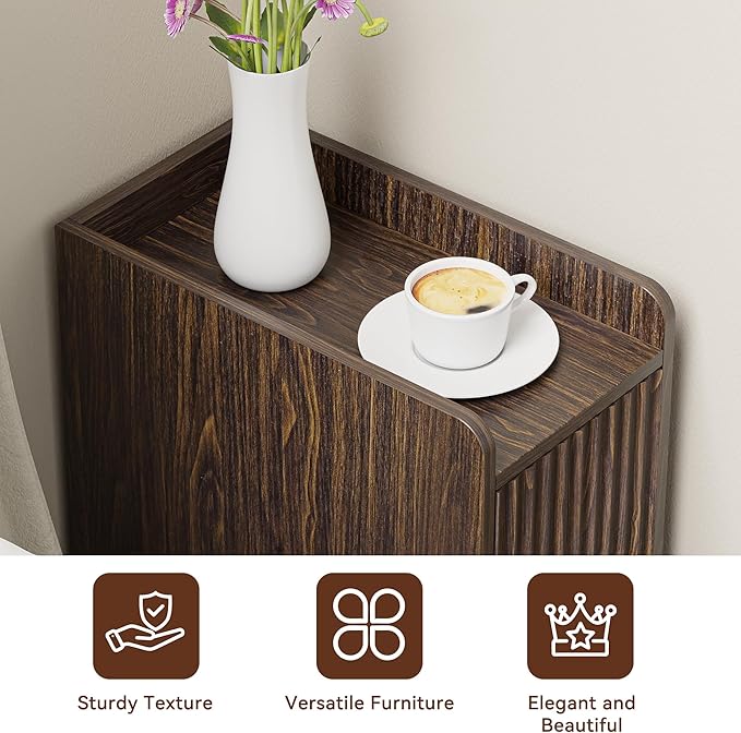 Narrow Nightstand Set of 2, Wood 2 Drawer Narrow Nightstand, Skinny Night Stand with Open Storage, Mid Century Modern Slim Bedside Table for Bedroom, Walnut