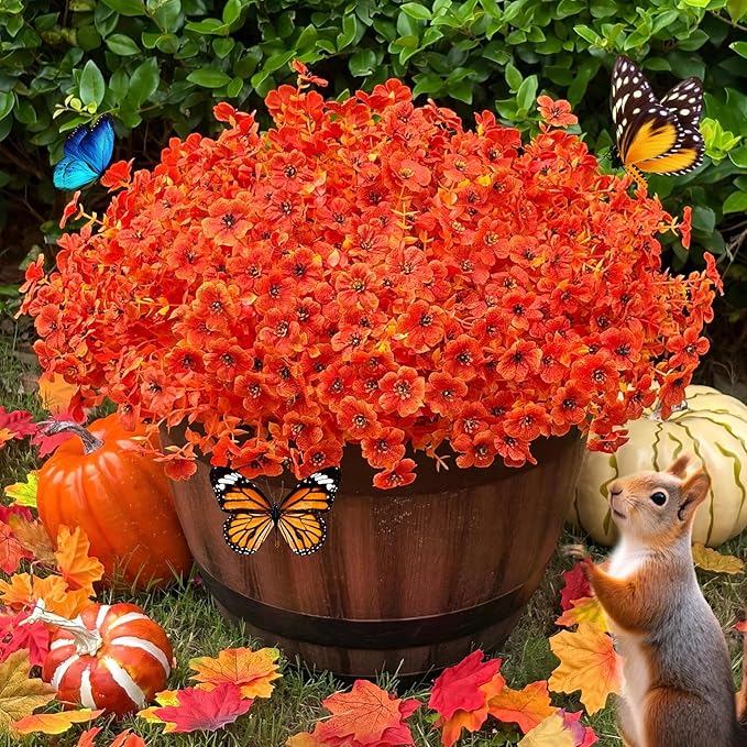 Artificial Fall Flowers Faux Mums for Outdoor Planters,Orange Red 16 Bundles Silk Fake Plants UV Resistant for Outside,Autumn Decorations for Porch,Pot,Window Boxes,Front Yard,Thanksgiving Home Decor