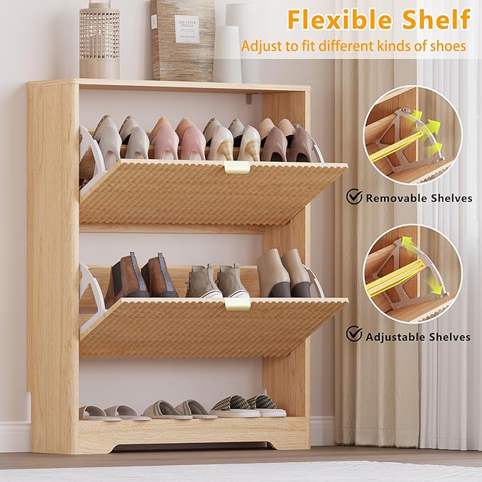 Shoe Cabinet with 2 Flip Drawers, Fluted Shoe Storage Cabinet with Adjustable Shelves, Freestanding Rack and Organizer for Entryway, Hallway