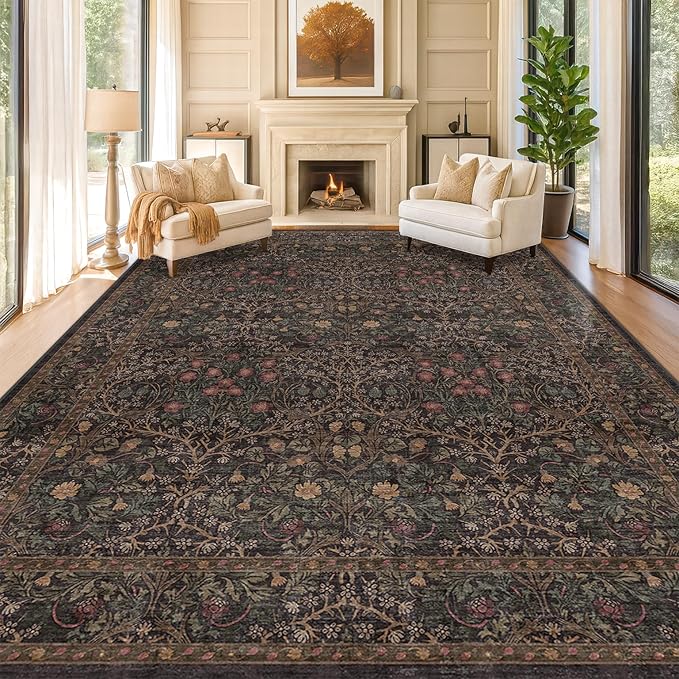 Dark Brown 10x14 Area Rugs for Living Room - Extra Large Vintage Western Unique Neutral Floral, Washable Low Pile Non-Slip Soft Thin Area Rug for Dining Under Table, Bedroom Under Bed