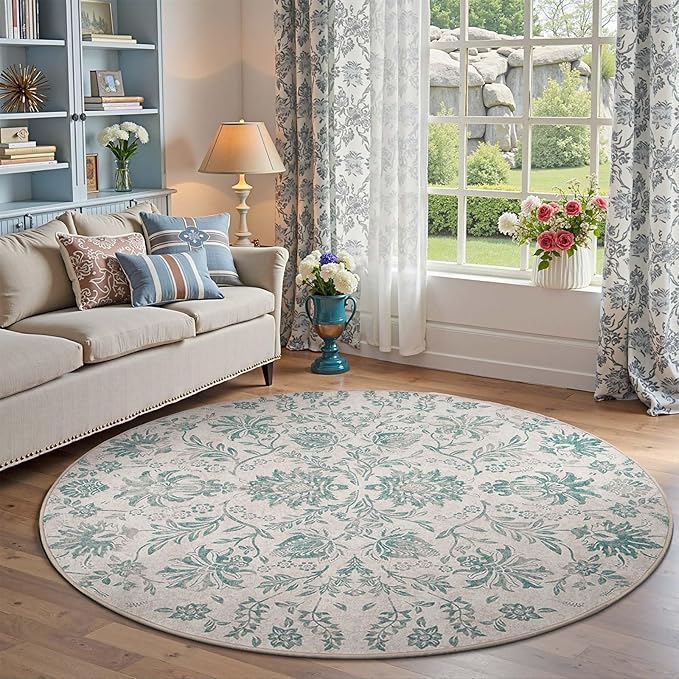 jinchan Torino Classic Floral Round Rug 6ft Vintage-Inspired Design 6’Circle Rug Machine Washable Ultra-Thin Low-Pile Non-Slip Indoor Carpet for Bedroom Dining Room Living Room Entryway