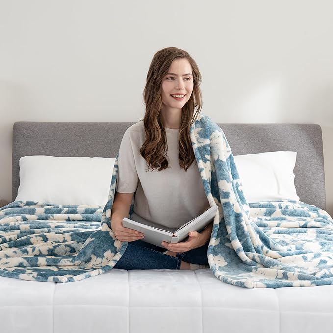 Berkshire Blanket-Classic Heavyweight Soft Printed VelvetLoft® Plush Blanket, Full/Queen Size Soft Fuzzy Warm Blanket for Couch Sofa Bed, Floral Blue, 90in x 90in