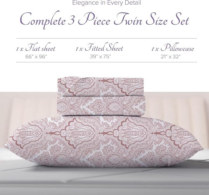 Carressa Linen 100% Egyptian Cotton Printed Bed Sheets - 600 Thread Count 3 PC Twin Sheet Set, Hotel Luxury Sateen Bedsheets, 16" Deep Pocket Soft Cooling Sheets for Twin Size Bed - Paisley