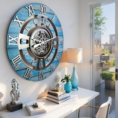 The Gears Clock Real Moving Gear Wall Clock England Line (Ocean Blue, 24 inches (60 cm))