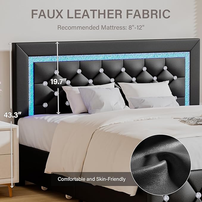 BarnFurin Full Size Bed Frame with LED Lights, Upholstered Bed Frame with Storage Drawers, Modern Platform Bed with Diamond Headboard and Footboard, No Box Spring Needed, Black