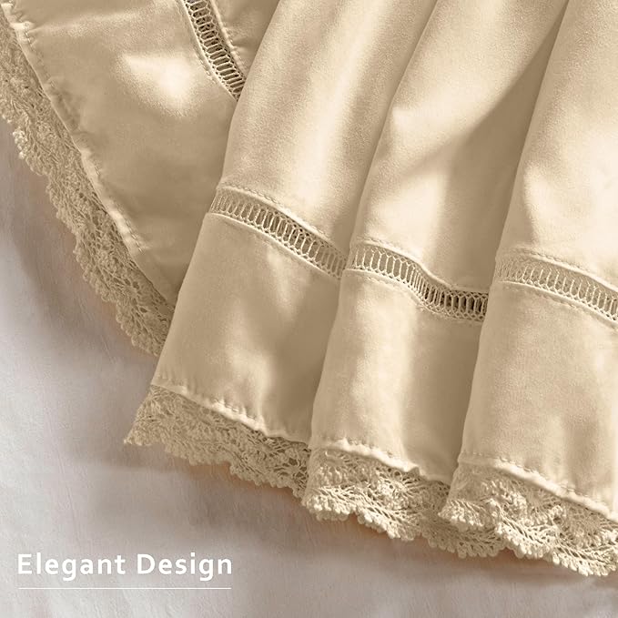 MIYE Wrap Around Ruffled Lace Bed Skirt, Elastic Dust Ruffle with Adjustable Belts, Easy to Put On, Bed Frame Cover, Machine Washable (Floral Lace/Light Beige, King/Queen-12.5" Drop)