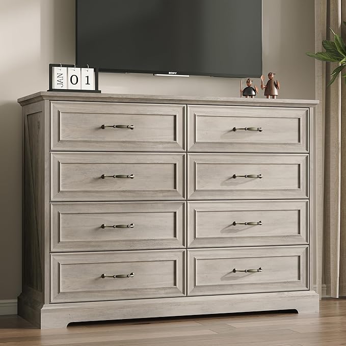 Farmhouse 8 Drawers Dresser for Bedroom, 48" Wide Modern Chest of Drawers with Deep Drawers & Bar Handles, Rustic Wood Dresser TV Stand, Wooden Closet Storage Organizer for Living Room, Hallway, Grey