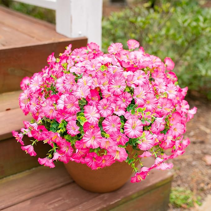 Artificial Flowers Fake Plants for Outdoors Decoration, 12 Bundles Pink Silk Morning Glory with Eucalyptus Realistic UV Resistant Faux Flowers Greenery for Outside Planter Yard Garden Home Indoor Urn