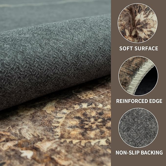 9x12 Vintage Washable Area Rug for Living Room,Low Pile Non Slip Carpet Non-Shedding Large Area Rug Soft Indoor Stain Resistant Rug Floral Print Mat for Bedroom Dining Room Brown Floral