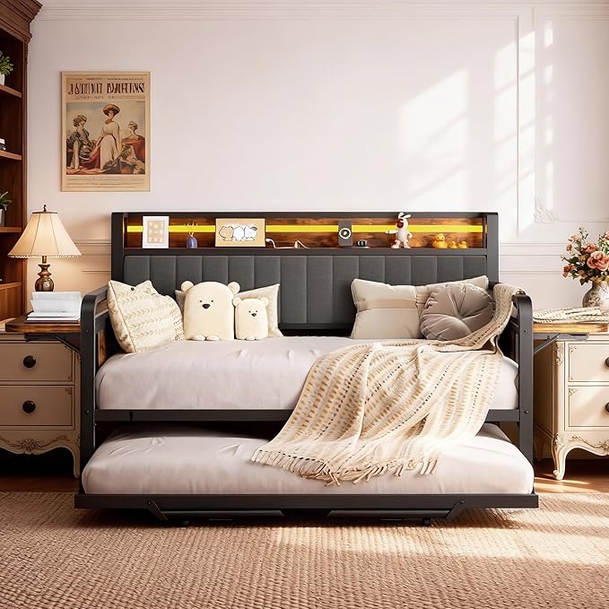 Daybed with Trundle, Twin Trundle Bed Frame - Metal Day Bed with LED Lights, Upholstered Storage Headboard & Charging Station, Pop Up Sleeper, Modern Design for Living Room and Guest Room-Brown