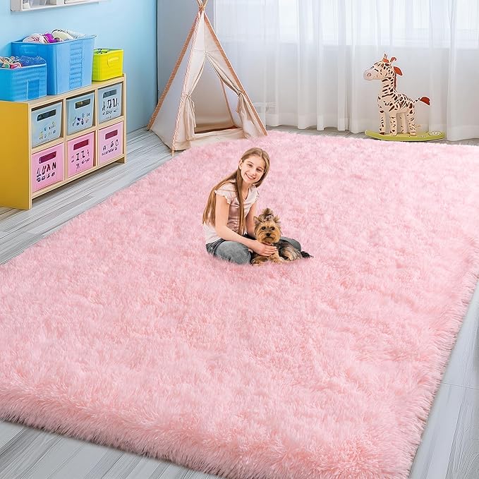 Large Shag Rugs 6 x 9, Pink Area Rug for Girls Kids Living Room Bedroom, Soft Fluffy Fuzzy Plush Carpet, Anti-Skid Shaggy Rug for Home Decor Aesthetic