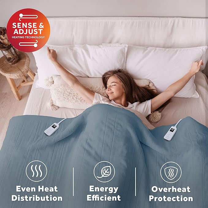 Sunbeam Electric Royal Luxe Microplush Heated Blanket, 12 Heat Settings, 12-Hour Auto Shut-Off, Fast Heating, Warm and Cozy, Cadet Blue Color, King (90" x 100")