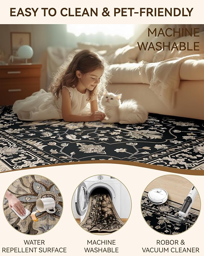 Area Rugs 8'x10' Washable Non-Slip, Floral Vintage Distress Print Pattern Medallion Carpet for Living Room Bedroom Dining Room, Black Brown Neutral Dark Tan