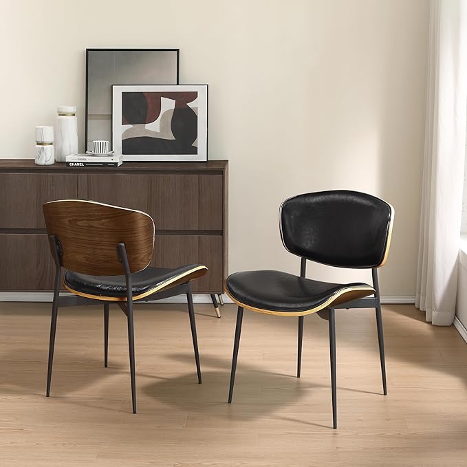 Art Leon Faux Leather Dining Chairs, Set of 2, Mid Century Modern Desk Chair No Wheels, Armless Accent Chair with Black Metal Legs, Black/Walnut