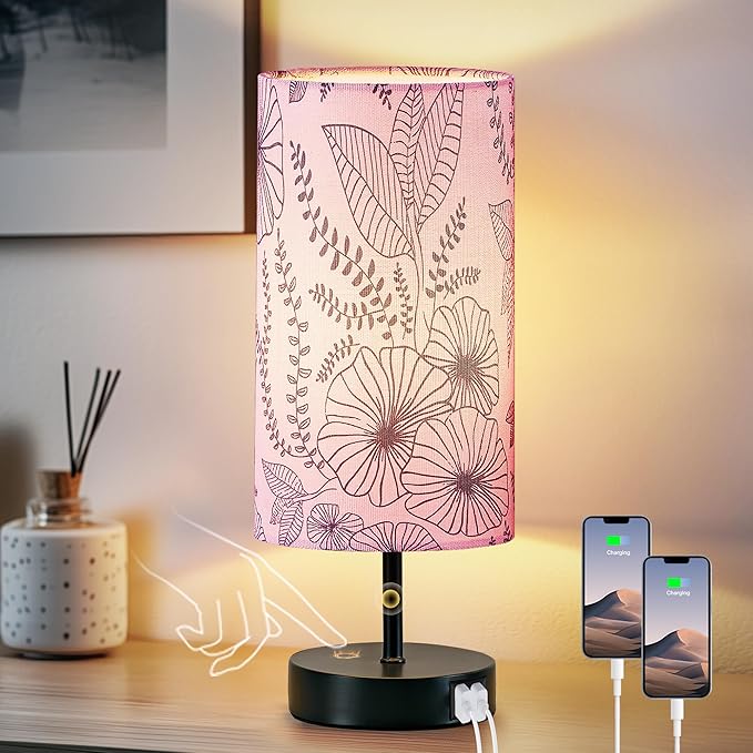 Bedside Table Lamp, Modern Touch Control Desk Lamp with 2 USB Ports & Round Flower Linen Fabric Shade, 3 Way Dimmable Small Nightstand Lamp for Bedroom Living Room Home Office Pink(LED Bulb Included)