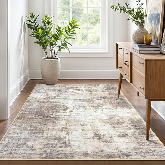 IOHOUZE Abstract Area Rug 4x6 Ft Washable Rugs for Entryway Indoor, Non Slip Small Living Room Rugs Printed Faux Wool Throw Rug, Floor Carpet for Kitchen Nursery Playroom, Beige Brown