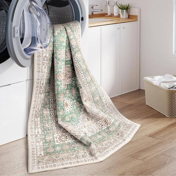 zesthome 10x14 Area Rugs,Stain Resistant Washable Rug,Ultra-Thin Rugs for Living Room,Bedroom,Non-Slip Backing Home Decor Large Area Rug (Green/Brown,10'x14')
