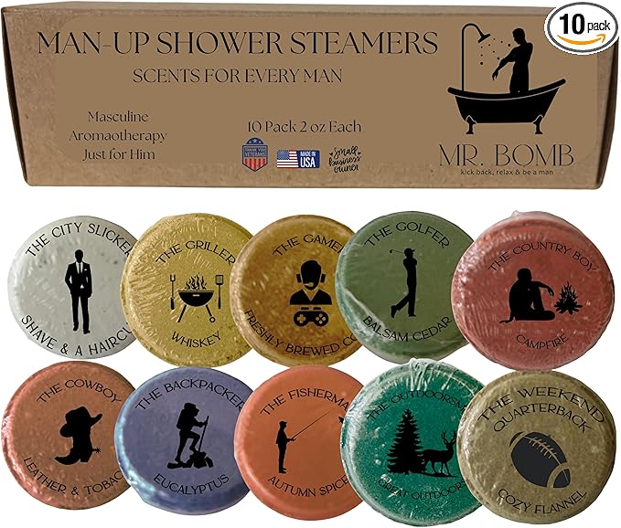 Mr. Bomb Large Shower Steamers for Men, Dude Bombs, Aromatherapy for The Guys, Shower Bombs for Men Gift Set, 10 Pack Steamer Set, Elevate Your Bathing and Relaxation (Large, Man-Up)