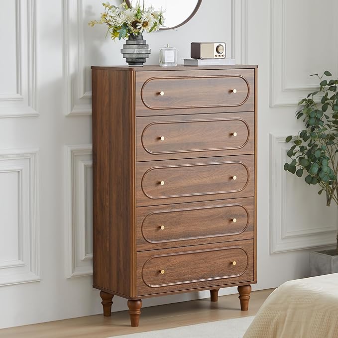 Fluted 5 Drawer Dresser for Bedroom Set of 2, Modern Mid Century Chest of Drawers, Wood Storage Large Dresser Organizer for Bedroom Living Room Closet Hallway, Walnut