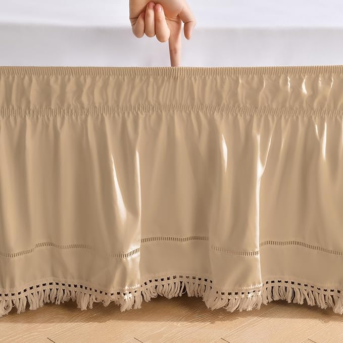 MIYE Wrap Around Ruffled Lace Bed Skirt, Elastic Dust Ruffle with Adjustable Belts, Easy to Put On, Bed Frame Cover, Machine Washable (Tassel Ruffle/Beige, Full/Twin-15 Drop)